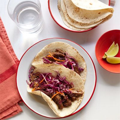 asian pork tacos with red cabbage slaw