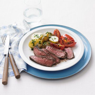 steak with potatoes tomatoes and herb butter