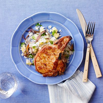 spiced pork chops with pineapple cilantro rice