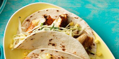 Spicy Fish Tacos with Creamy Cabbage and Corn Slaw Recipe