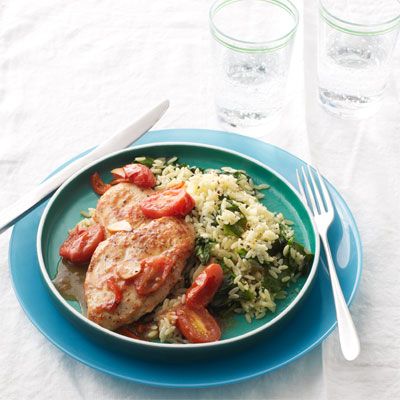 sauteed chicken cutlets and cherry tomatoes with spinach orzo