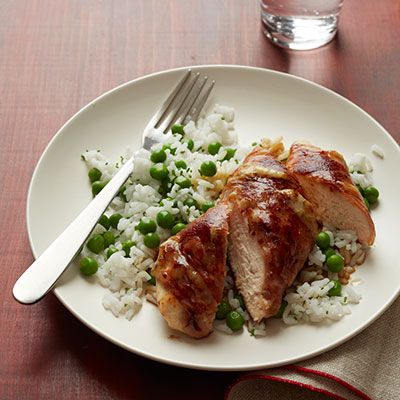 crispy ham and cheese chicken with sweet peas and rice
