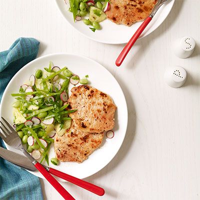 seared pork cutlets with snow peas and edamame