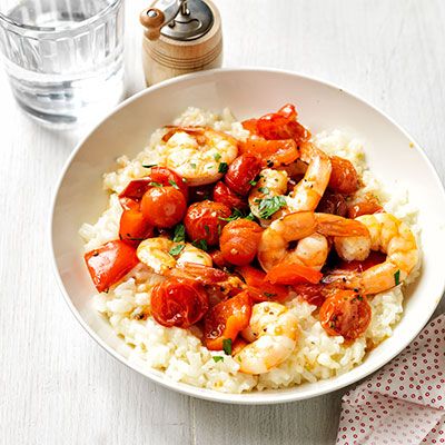 roasted shrimp and peppers with creamy rice
