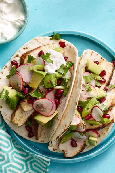 easy chicken dinner recipes- spiced chicken tacos with avocado and pomegranate salsa