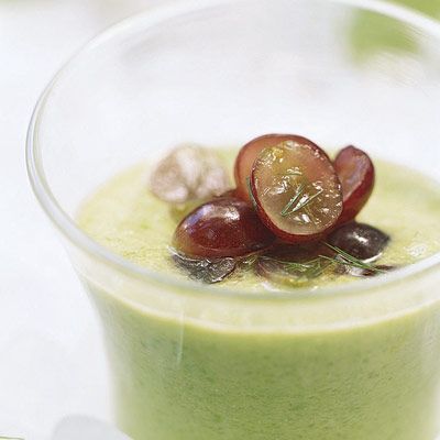 fresh green pea soup with grape salsa