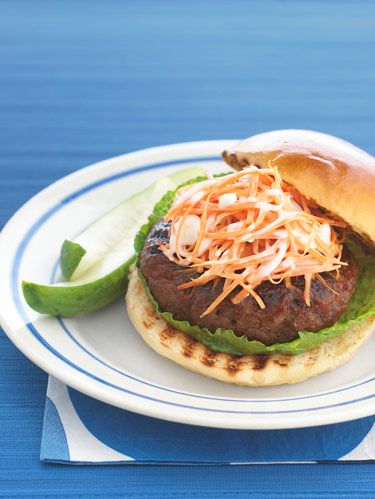 spicy barbecue burgers with blue cheese carrot slaw