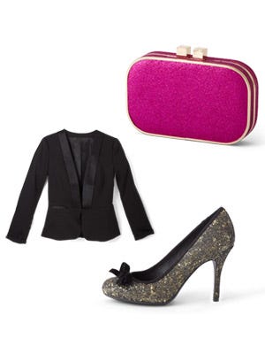 Celebrate in Style <p>It's your time to shine! Mix and match these fun party finds to get the perfect head-to-toe look at a great price.</p> <p><strong>3 Ways to Dazzle<br /></strong></p> <p> · A tuxedo jacket adds elegance to dresses and separates, and can winterize lightweight fabrics. Your best bet: one with a nipped waist, elongating V-neck and curved hem. <em>Tuxedo Jacket, .80; <a href="http://www.forever21.com/Product/Category.aspx?br=f21&category=outerwear_blazers" target="_blank">Forever21.com</a></em></p> <p> · Head-to-toe black can look somber, so kick it up with a rich accent color like plum or cranberry. <em>Madig Handbag available through MIMIXX, ; 516-809-6445 to order</em></p> <p> · Shimmer is in—from metallic hues to jewel accents. The simplest (and safest) way to try no-holds-barred bling: on shoes or a bag. They'll feel fresh well into 2013. <em>Chinese Laundry Fall for Glitter Pump, ; <a href="http://www.francescas.com/product/chinese+laundry+fall+for+glitter+heel.do?sortby=ourPicks" target="_blank">Francescas.com</a></em></p>