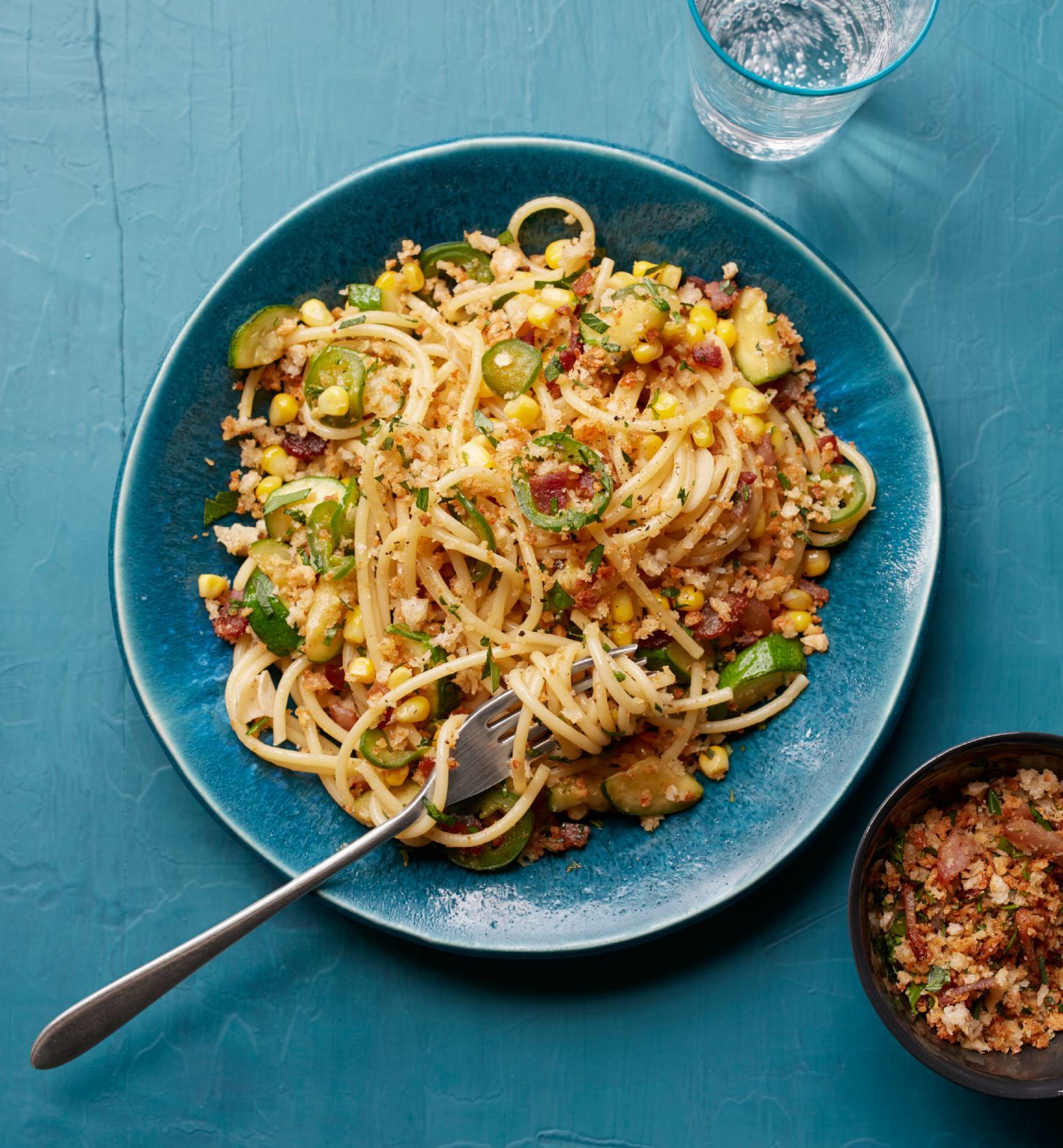 Corn, Zucchini, and Jalapeno Spaghetti with Parmesan Crumbs