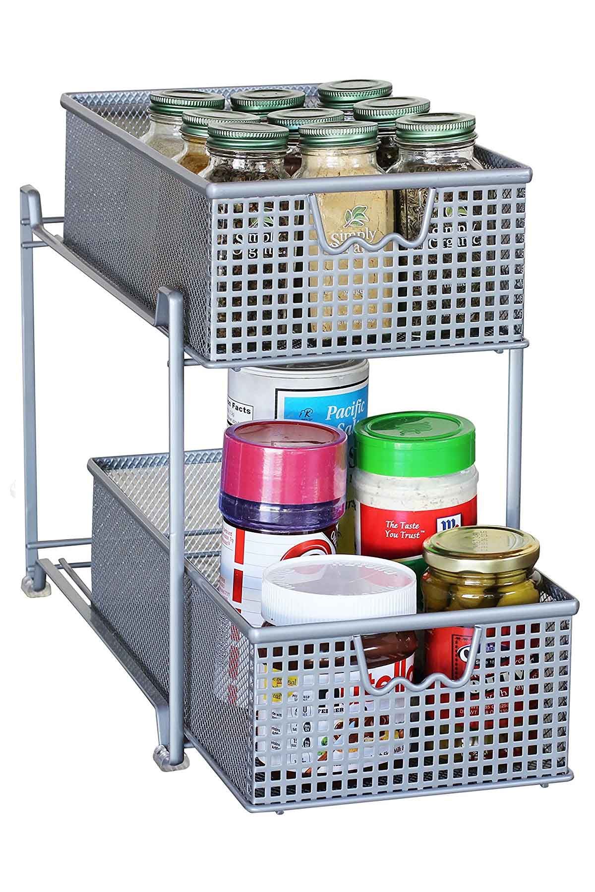 SimpleHouseware 2 Tier Sliding Cabinet Basket Organizer Drawer, Silver